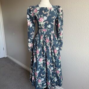 Vintage 1980s Laura Ashley Floral Midi Dress in Slate Blue with Pink Roses